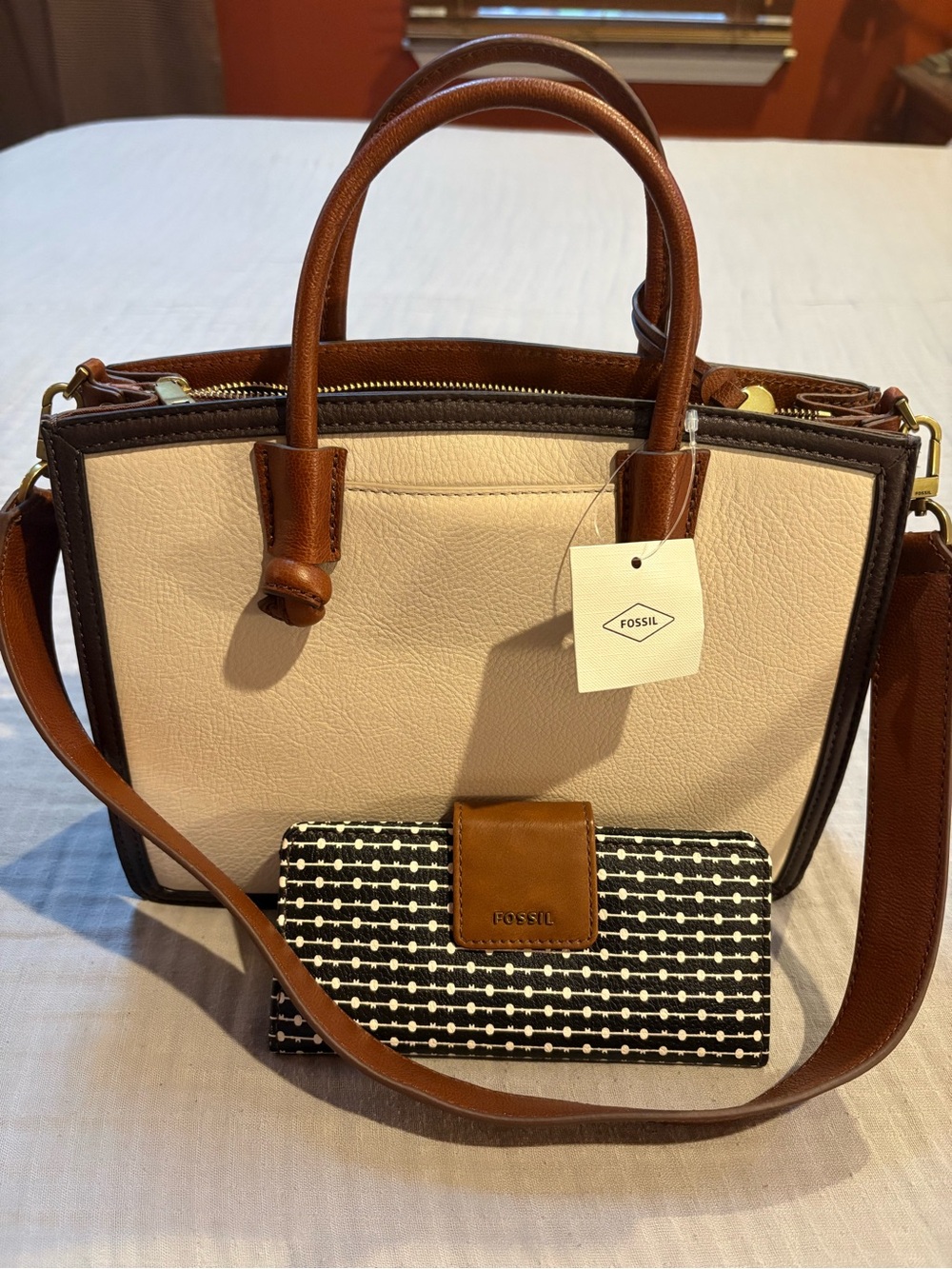 NWT Fossil Skyler Satchel Bag & Madison Clutch Wallet Set - Vanilla Dot